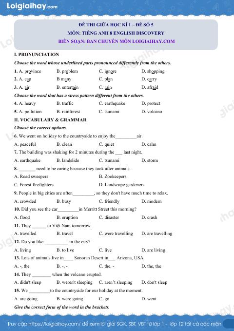 Đề thi giữa kì 1 Tiếng Anh 8 English Discovery - Đề số 5